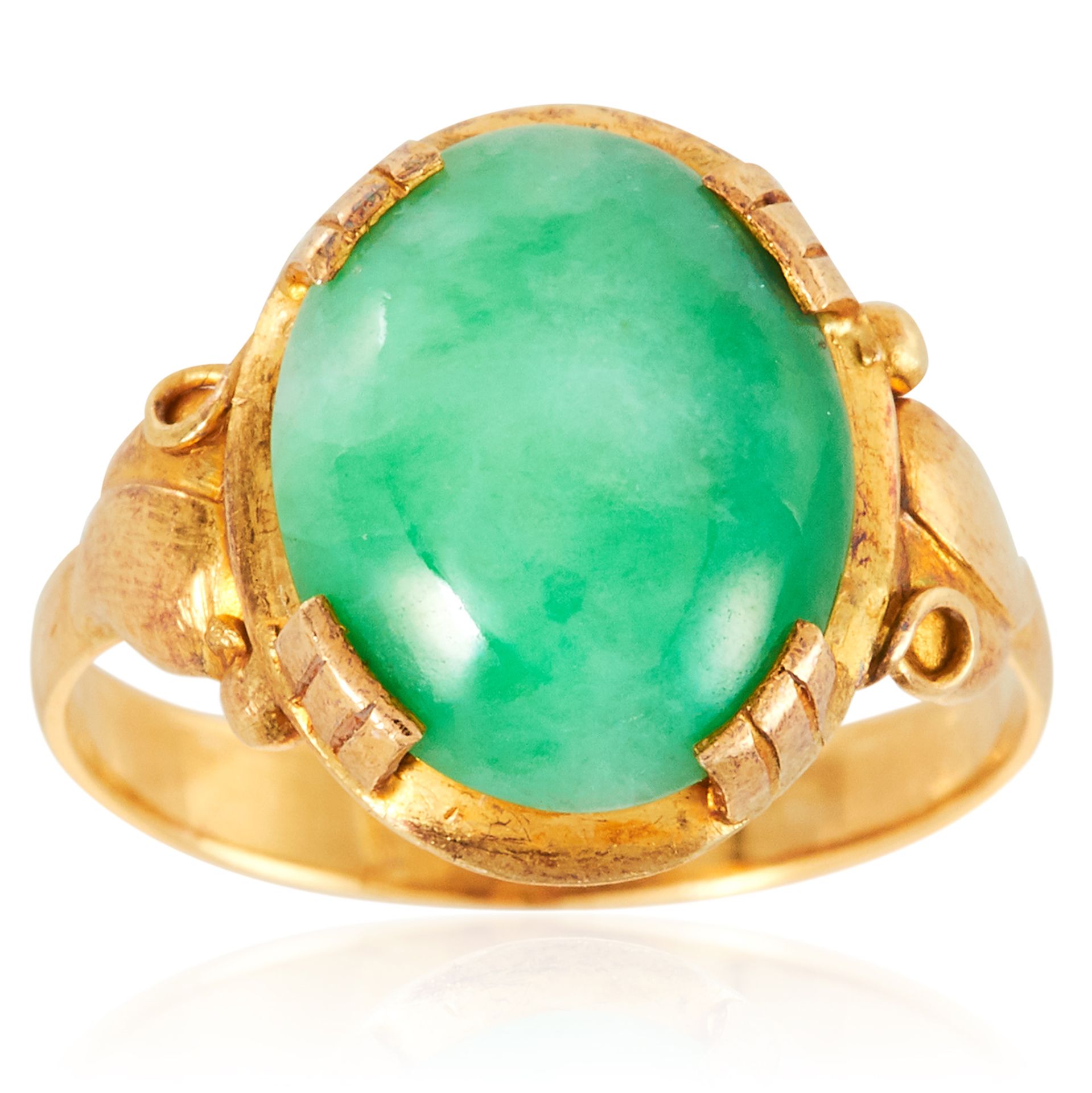 A JADEITE JADE DRESS RING in yellow gold, set with a cabochon jadeite jade, unmarked, size J / 5,