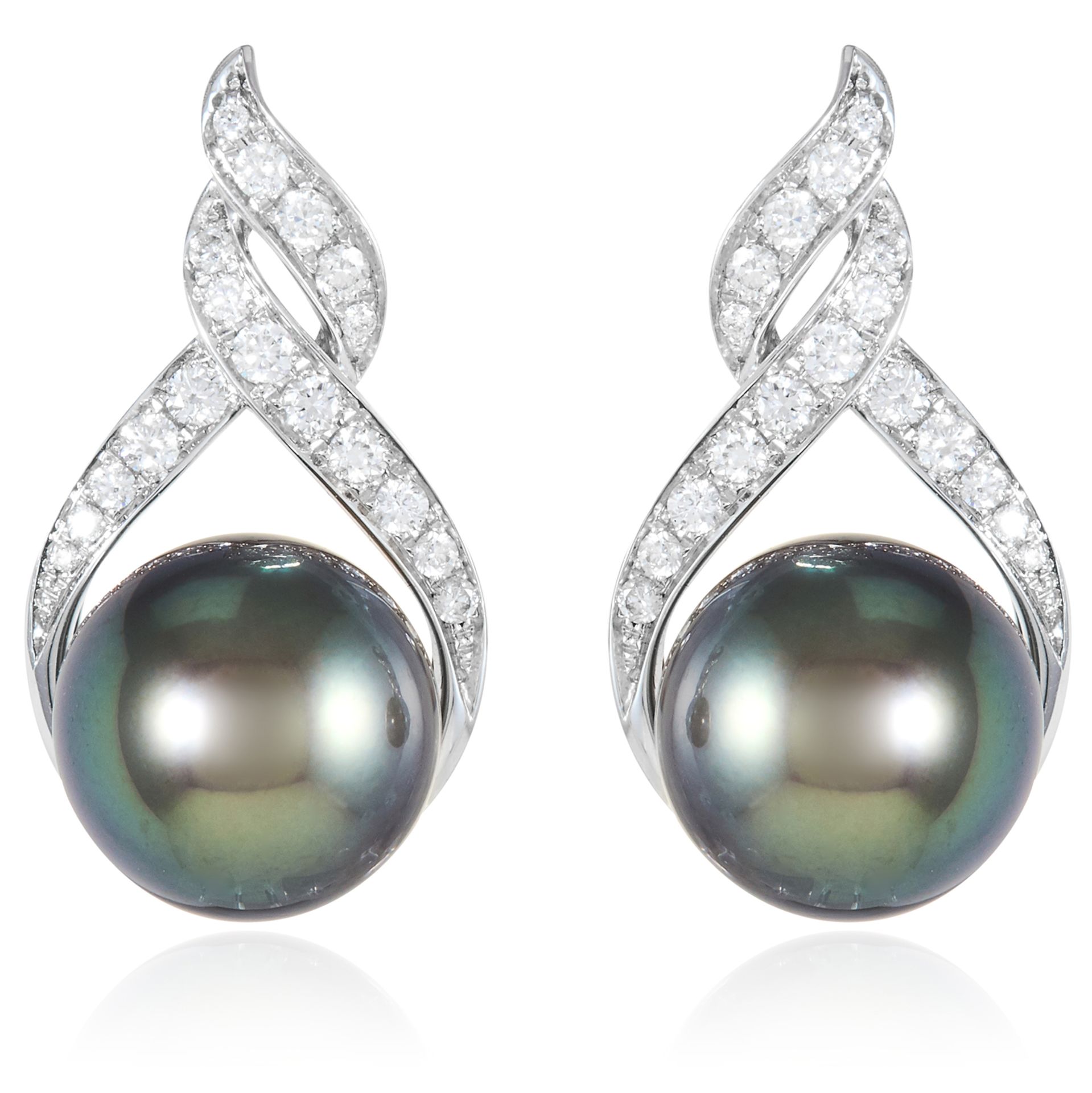 A PAIR OF PEARL AND DIAMOND EARRINGS, SCHOEFFEL in 18ct white gold, each set with a 12.0mm grey