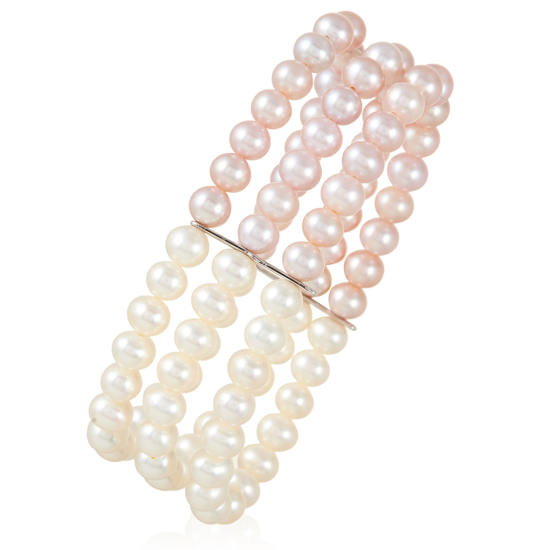 A PINK AND WHITE PEARL BRACELET comprising three rows of white and pink round pearls, unmarked, 36.