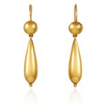 A PAIR OF ANTIQUE GOLD DROP EARRINGS in high carat yellow gold, each comprising of a gold ball