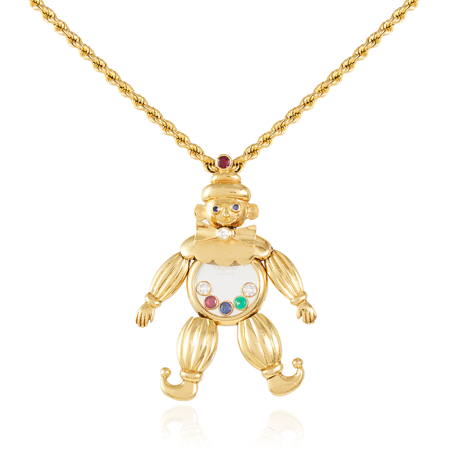 A HAPPY DIAMONDS CLOWN PENDANT, CHOPARD in 18ct yellow gold, the articulated body designed as a