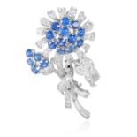 A SAPPHIRE AND DIAMOND FLOWER BROOCH, ROOD in white gold or platinum, depicting a bouquet, set