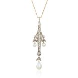 AN ANTIQUE BELLE EPOQUE PEARL AND DIAMOND PENDANT in platinum and gold, the central openwork motif