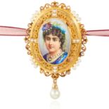 AN ANTIQUE ENAMEL, DIAMOND AND NATURAL PEARL PORTRAIT MINIATURE MOURNING BROOCH / PENDANT, 19TH