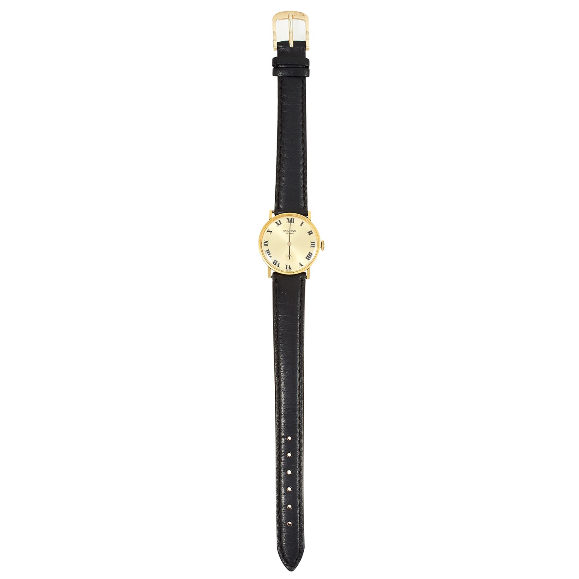 A LADIES WRISTWATCH, UNIVERSAL with gold dial and black leather strap, 23cm, 19.41g. - Bild 2 aus 2