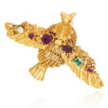 TWO ANTIQUE 'REGARD' BIRD BROOCHES in high carat yellow gold, depicting a bird gem-set to spell '
