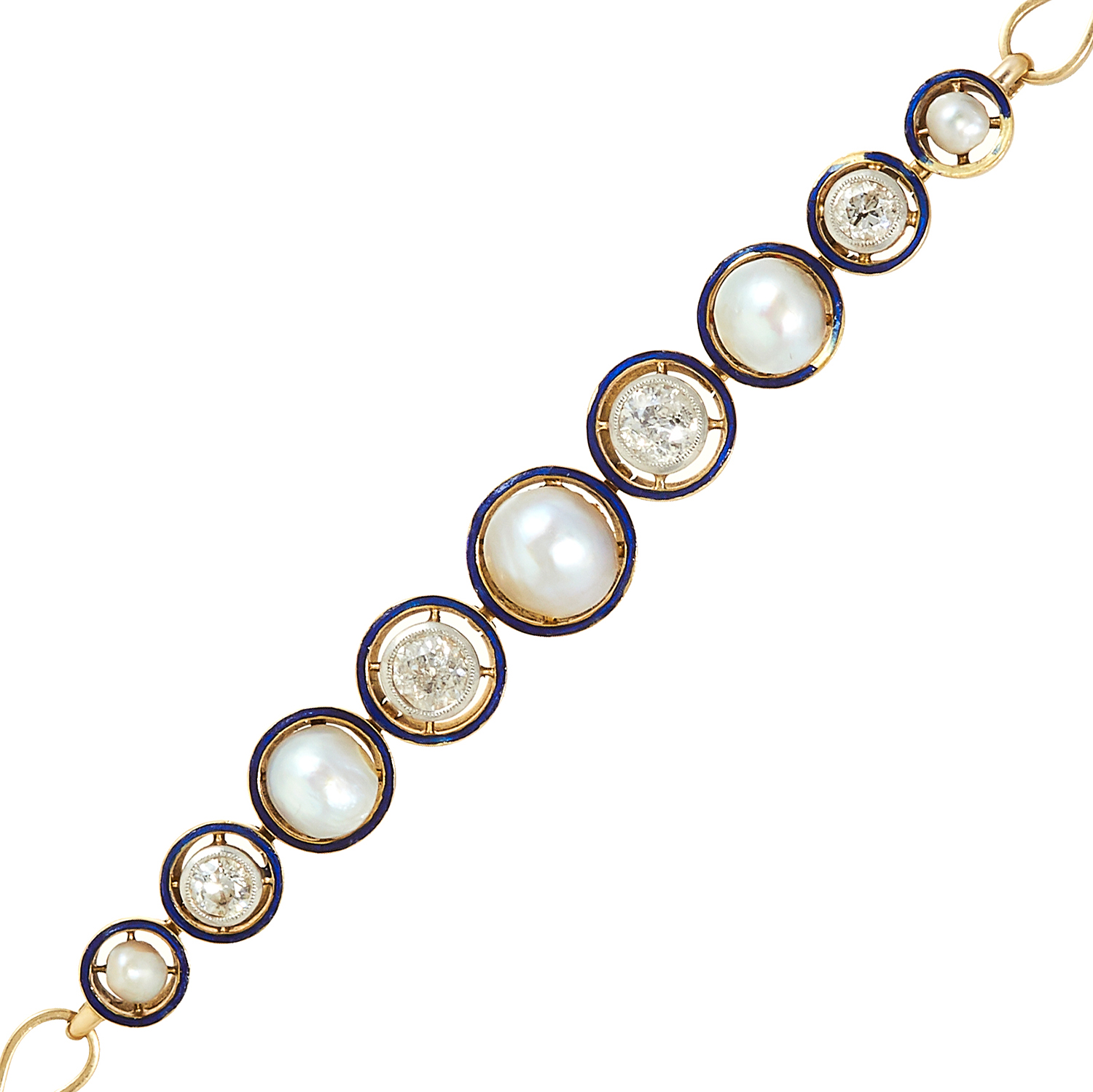 AN ART DECO NATURAL PEARL, DIAMOND AND ENAMEL BRACELET in high carat yellow gold, comprising a row - Image 2 of 2