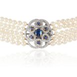 A PEARL, SAPPHIRE AND DIAMOND CHOKER NECKLACE, E WOLFE & CO in 18ct white gold, comprising five rows