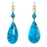 A PAIR OF ANTIQUE TURQUOISE DROP EARRINGS in yellow gold, each set with an oval turquoise