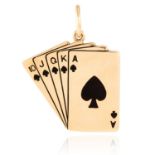 AN ENAMEL PACK OF CARDS PENDANT in 14ct yellow gold, depicting a pack of cards decorated in