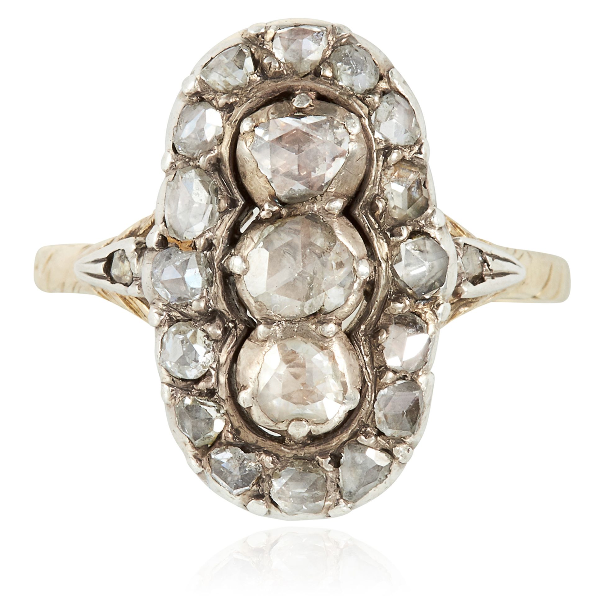 AN ANTIQUE DIAMOND CLUSTER RING, DUTCH 19TH CENTURY in high carat yellow gold and silver, the oval