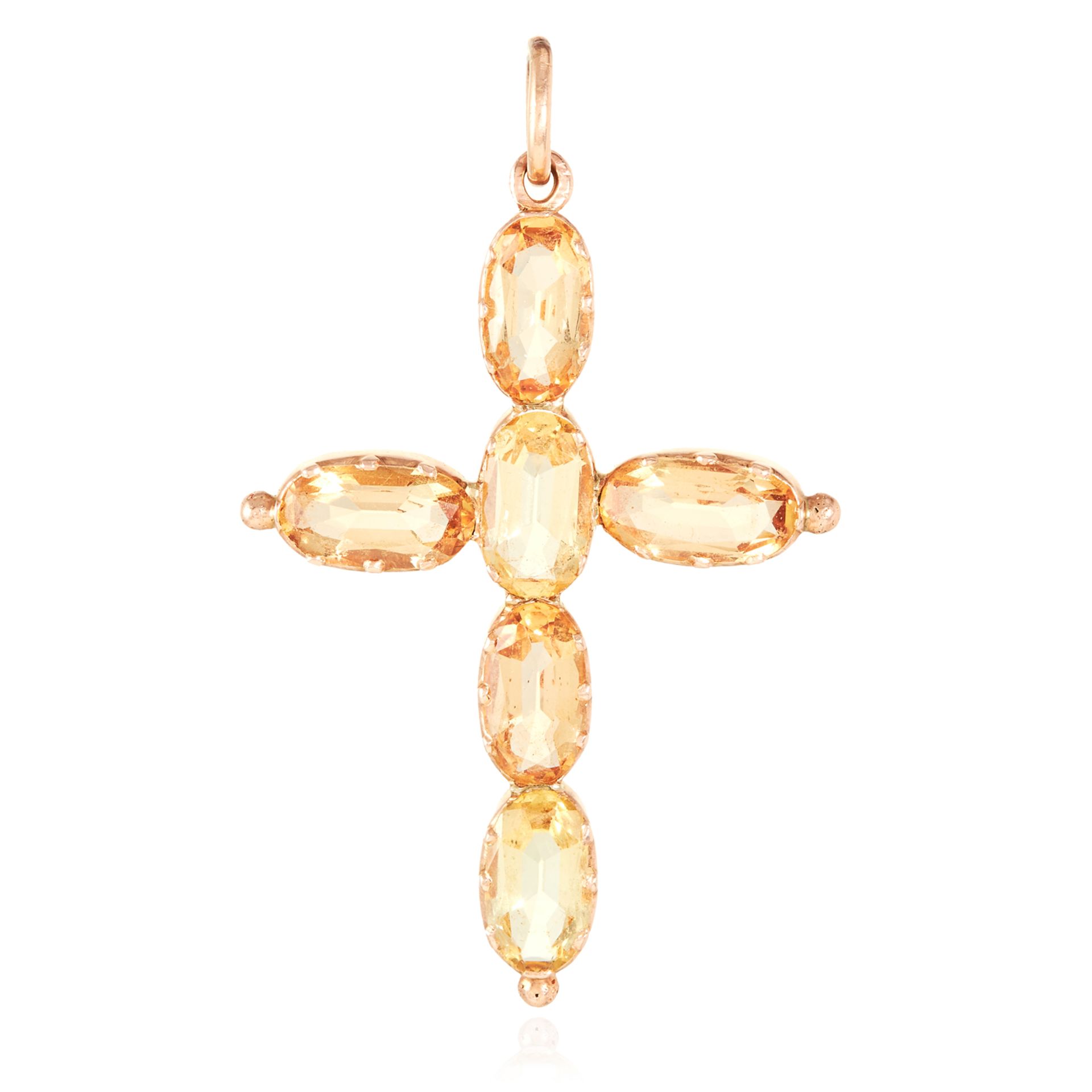 AN ANTIQUE IMPERIAL TOPAZ CRUCIFIX PENDANT, 19TH CENTURY in high carat yellow gold, the cross set