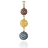 A MULTI COLOURED DIAMOND PENDANT in yellow gold, jewelled with white, red, yellow and blue round cut