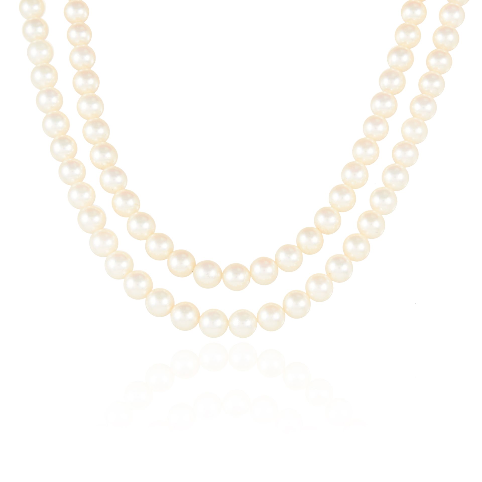 A PEARL AND DIAMOND TWO ROW NECKLACE in 18ct white gold, comprising two rows of pearls on a pearl