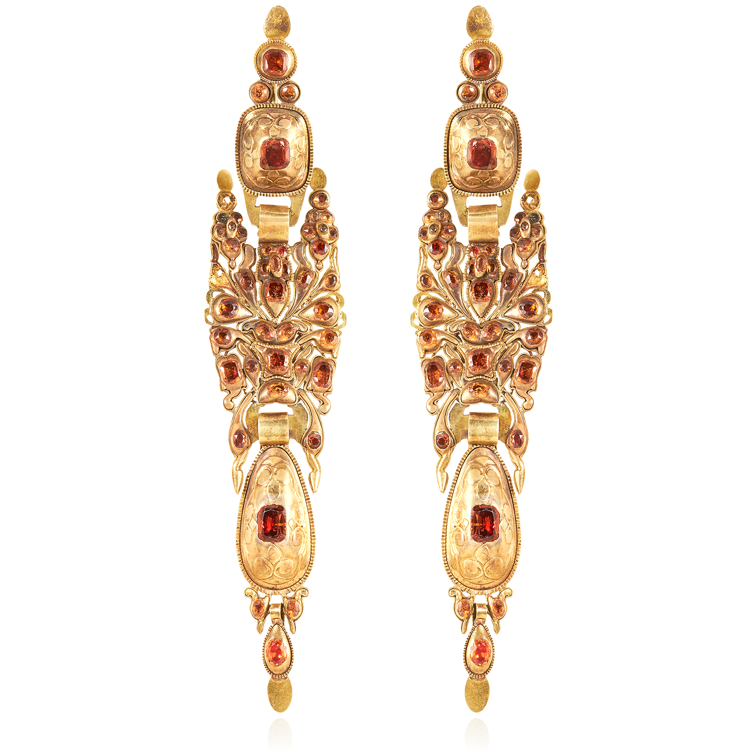 A PAIR OF SPANISH HESSONITE GARNET EARRINGS, CATALAN LATE 18TH CENTURY in high carat yellow gold