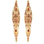 A PAIR OF SPANISH HESSONITE GARNET EARRINGS, CATALAN LATE 18TH CENTURY in high carat yellow gold