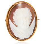 AN ANTIQUE CARVED CAMEO BROOCH in yellow gold, set with a cameo depicting an angel, in foliate
