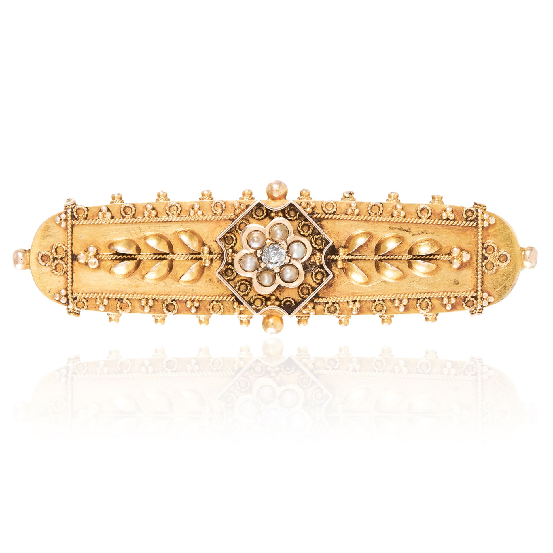 AN ANTIQUE PEARL AND DIAMOND BROOCH in 15ct yellow gold, set with seed pearls and an old cut diamond