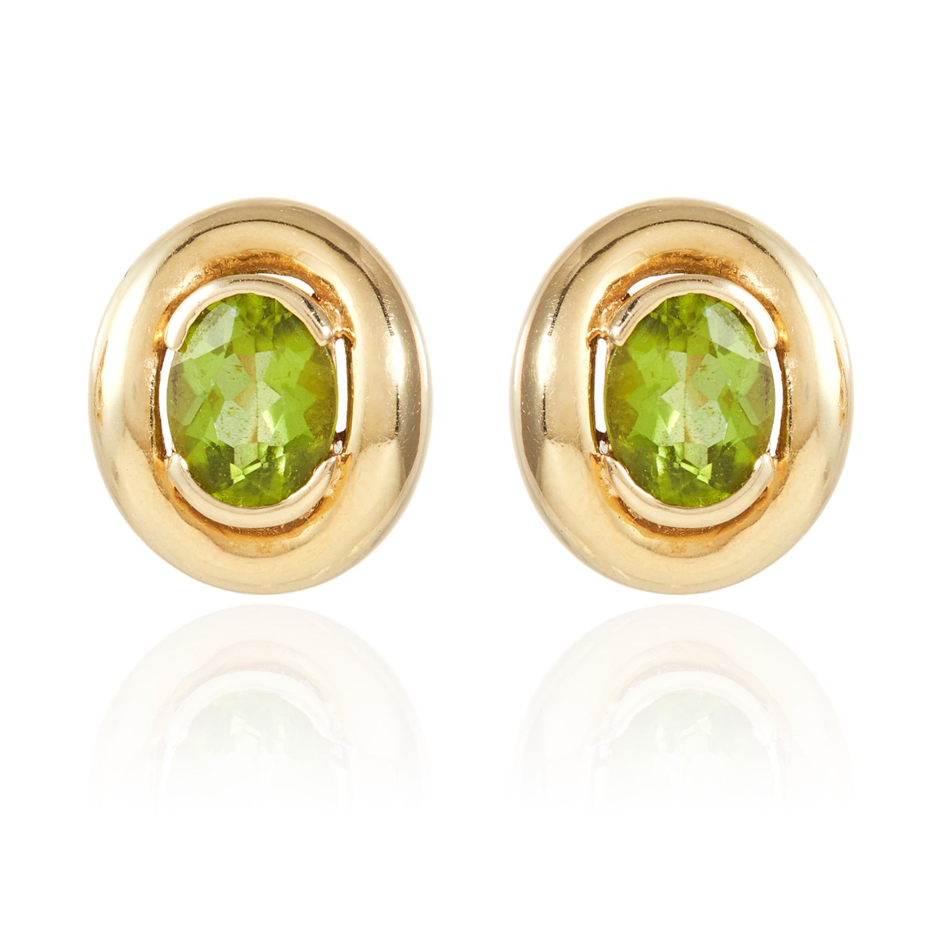 A PAIR OF PERIDOT EARRINGS in 18ct yellow gold, each set with an oval cut peridot totalling