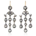 A PAIR OF ANTIQUE DIAMOND GIRANDOLE EARRINGS, 19TH CENTURY in yellow gold and silver, each with a