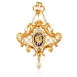 AN ANTIQUE PEARL, DIAMOND AND ENAMEL PENDANT in 18ct yellow gold, the openwork scrolling design