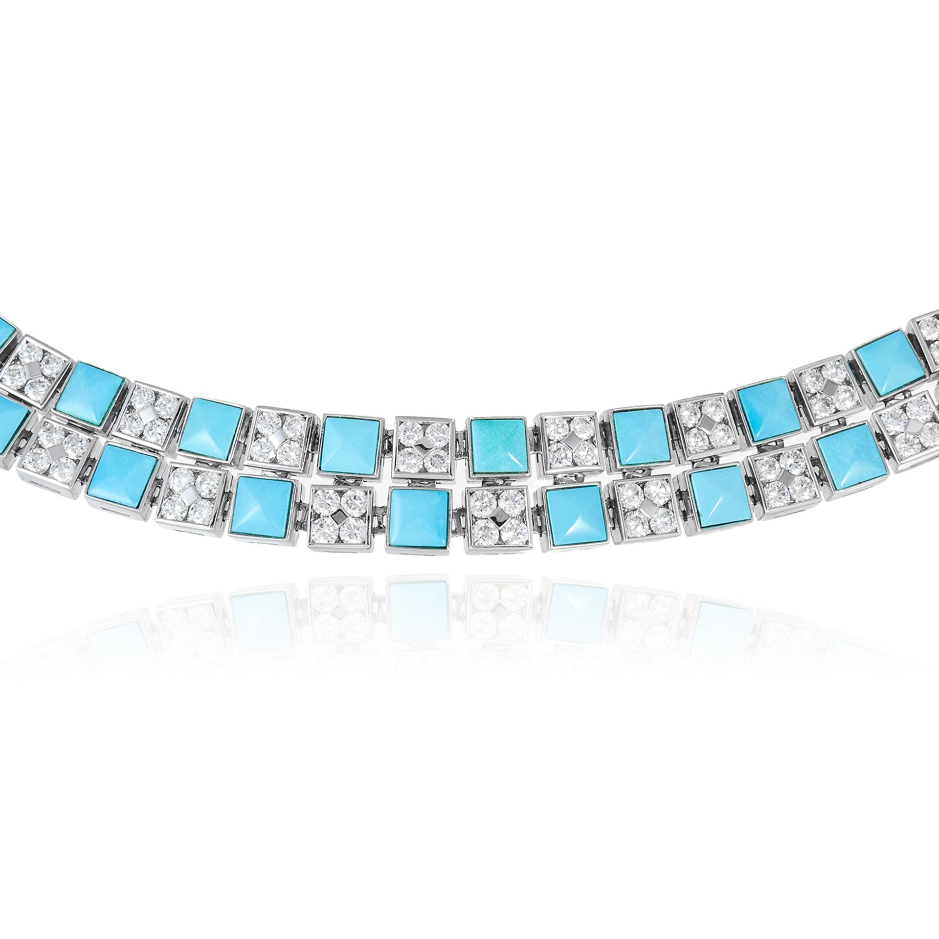 A TURQUOISE AND DIAMOND NECKLACE, PICCHIOTTI in 18ct white gold, formed as a double row of alternat