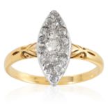 AN ANTIQUE DIAMOND DRESS RING in 18ct yellow gold, the marquise face is set with old cut diamonds,