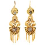 A PAIR OF ANTIQUE DIAMOND AND ENAMEL TASSEL EARRINGS in high carat yellow gold, the articulated
