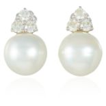 A PAIR OF SOUTH SEA PEARL AND DIAMOND EARRINGS in 18ct white gold, each comprising of round cut