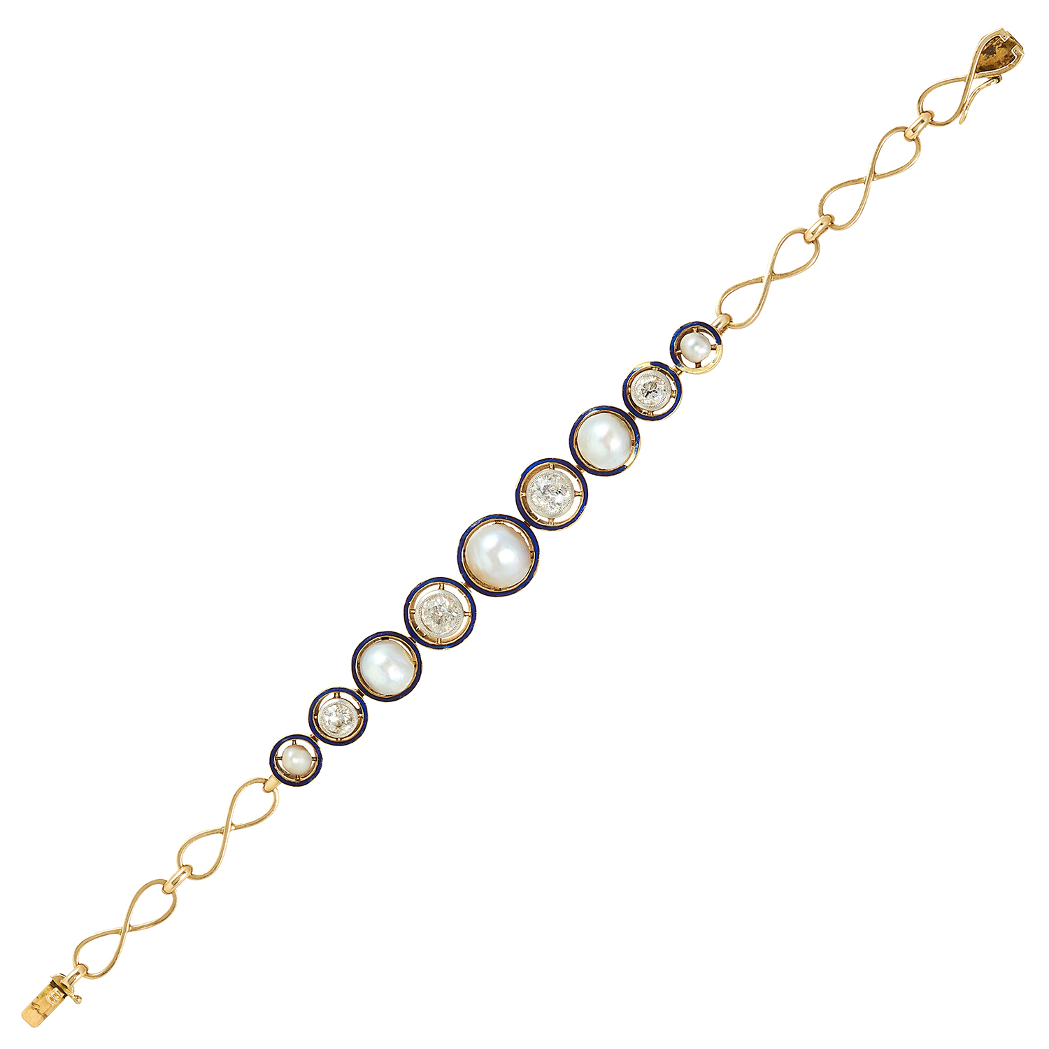 AN ART DECO NATURAL PEARL, DIAMOND AND ENAMEL BRACELET in high carat yellow gold, comprising a row