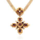 AN ANTIQUE ALMANDINE GARNET AND PEARL CROSS PENDANT NECKLACE, 19TH CENTURY in high carat yellow