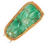 AN ANTIQUE CHINESE JADEITE JADE BROOCH in high carat yellow gold, the tapering piece of carved