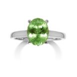 A 3.45 CARAT TSAVORITE RING in 18ct white gold, set with an oval cut tsavorite of approximately 3.45