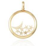 A DIAMOND MOON AND STARS PENDANT in 14ct yellow gold, comprising of a glass locket with