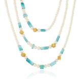 A PEARL AND TOURMALINE SAUTOIR NECKLACE, SCHOEFFEL in 18ct yellow gold, comprising a long row of