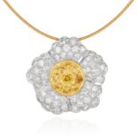 A YELLOW AND WHITE DIAMOND FLOWER PENDANT in 18ct yellow gold, depicting a flower set with round cut