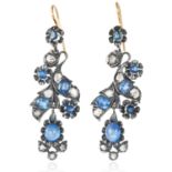 A PAIR OF SAPPHIRE AND DIAMOND EARRINGS in yellow gold and silver, the articulated bodies jewelled