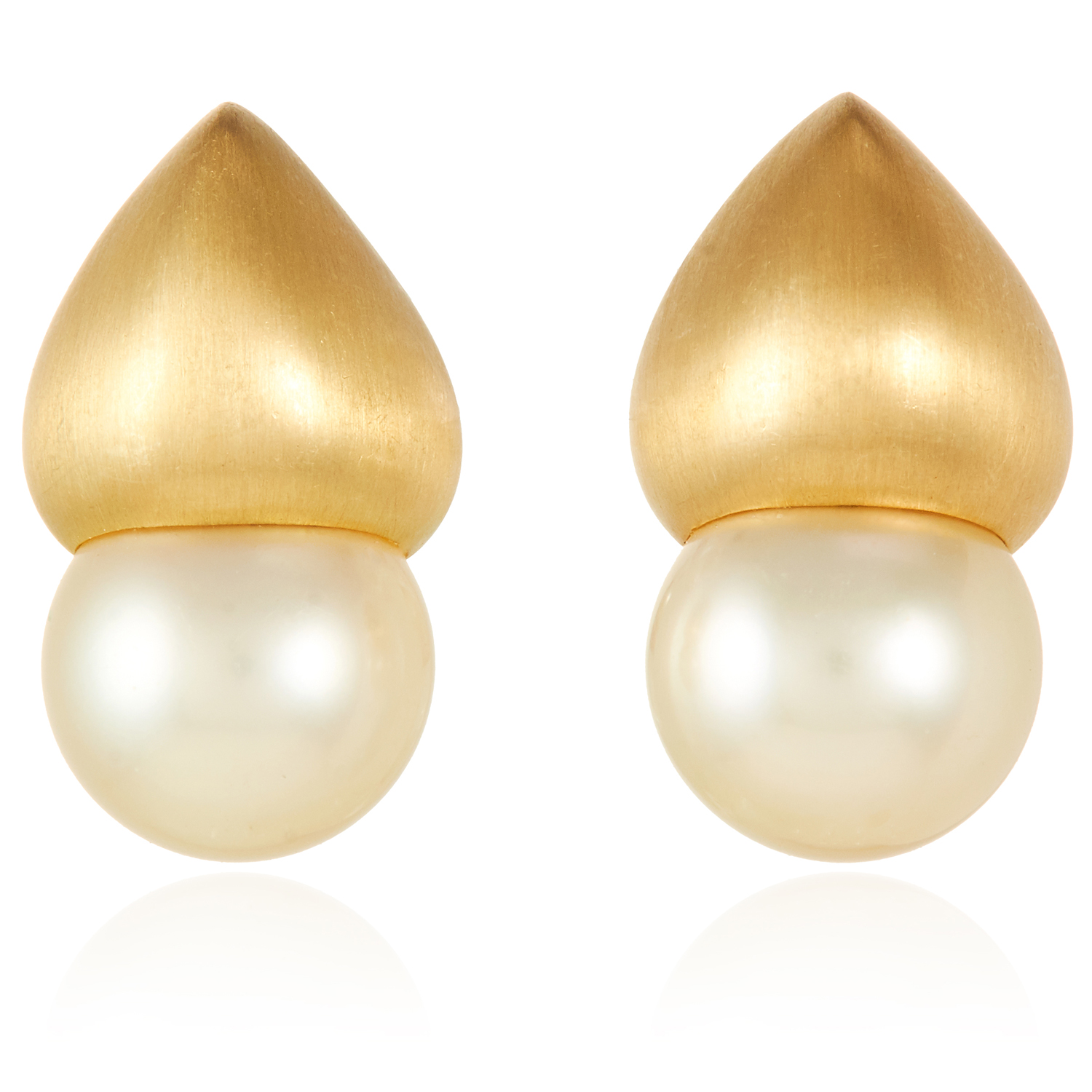 A PAIR OF PEARL EARRINGS in 18ct yellow gold, each set with a 12.0mm pearl, below a matte gold tulip