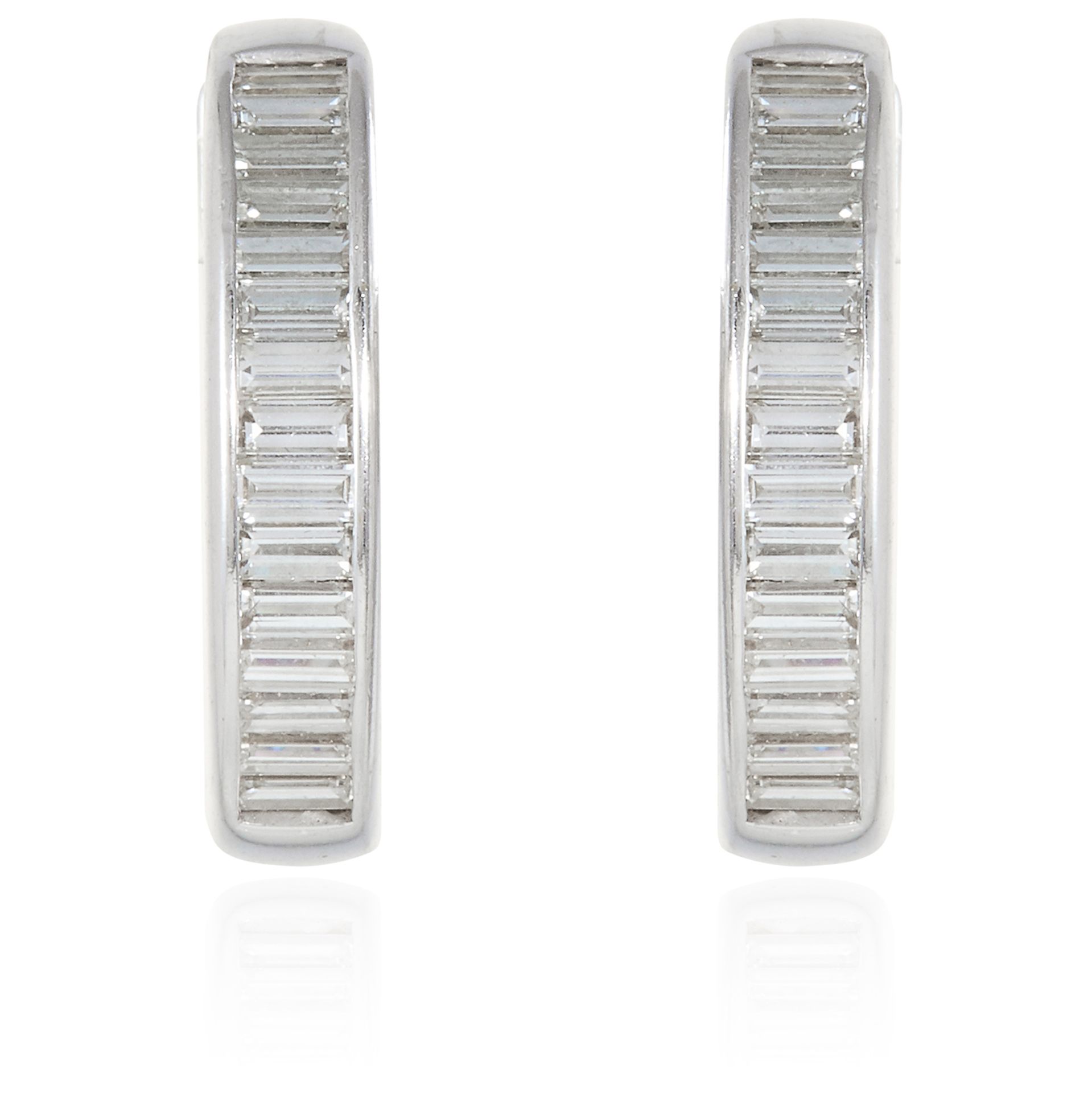 A PAIR OF DIAMOND HOOP EARRINGS in 18ct white gold, set with baguette cut diamonds, British