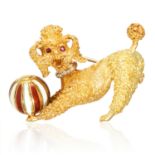 A VINTAGE RUBY, DIAMOND AND ENAMEL POODLE DOG BROOCH in 18ct yellow gold, designed as a poodle