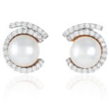 A PAIR OF PEARL AND DIAMOND EARRINGS in 18ct yellow gold, set with 11.3mm round pearls within