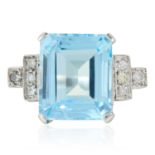AN ART DECO AQUAMARINE AND DIAMOND RING in platinum or white gold, the emerald cut aquamarine of 5.