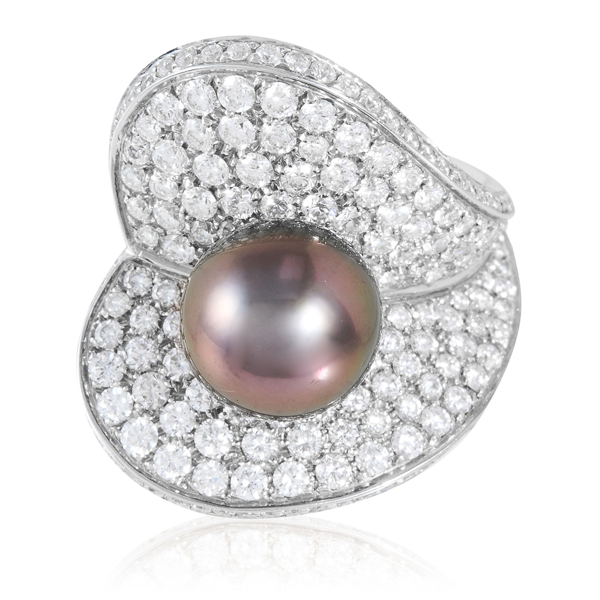 A PEARL AND DIAMOND DRESS RING, SCHOEFFEL in 18ct white gold, of abstract floral design, set with