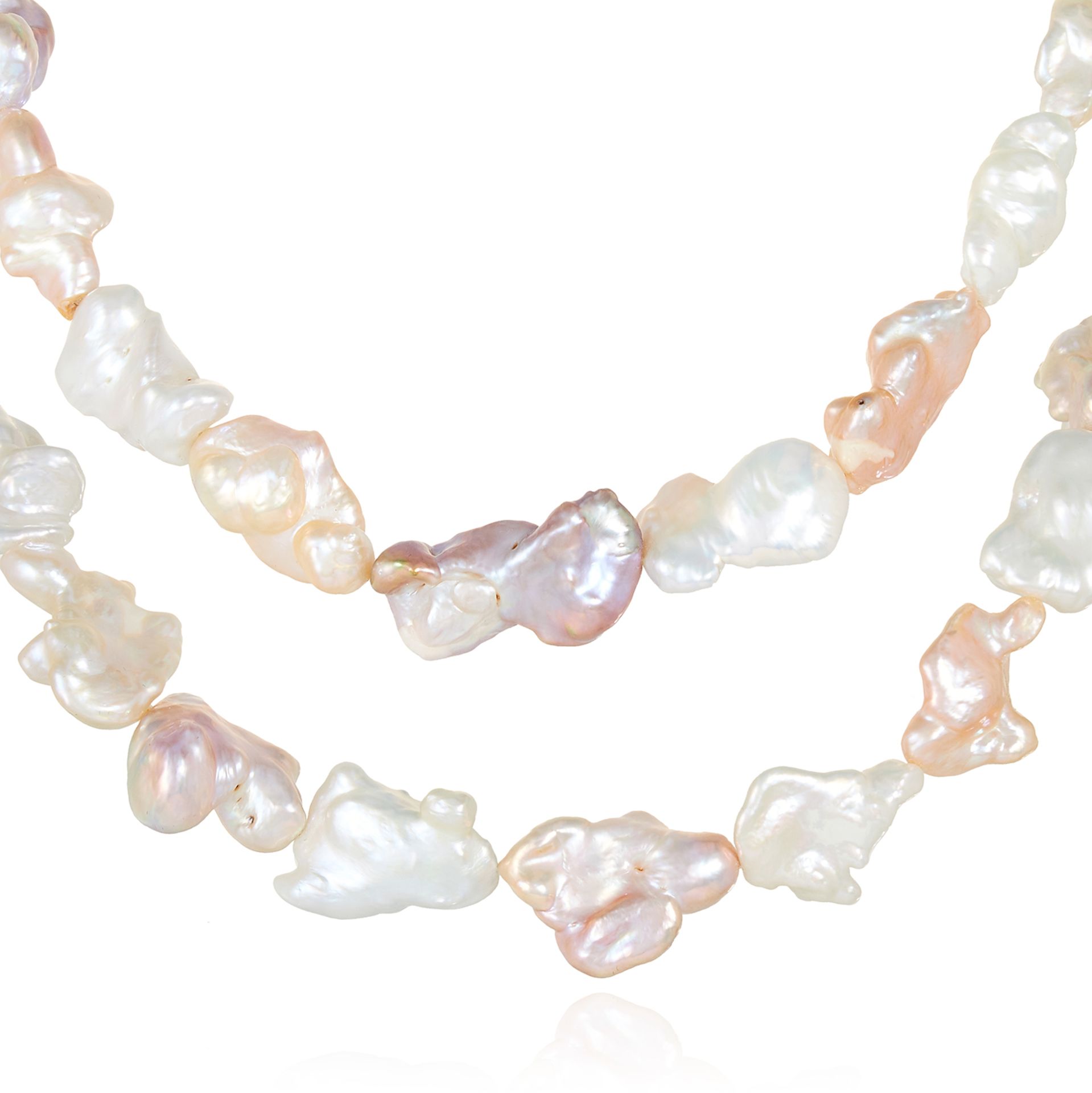 TWO BAROQUE FRESH WATER KESHI PEARL SAUTOIR NECKLACES in 18ct gold, each comprising a single row