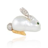 A BAROQUE PEARL, EMERALD AND DIAMOND BUNNY RABBIT BROOCH, E WOLFE & CO in high carat gold,