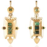 A PAIR OF ANTIQUE EMERALD EARRINGS, SPANISH 19TH CENTURY in high carat yellow gold, each set with