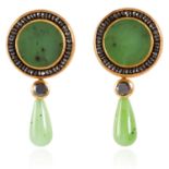 A PAIR OF NEPHRITE JADE AND BLACK DIAMOND DAY AND NIGHT EARRINGS, ZOBEL 2011 in 18ct yellow gold,