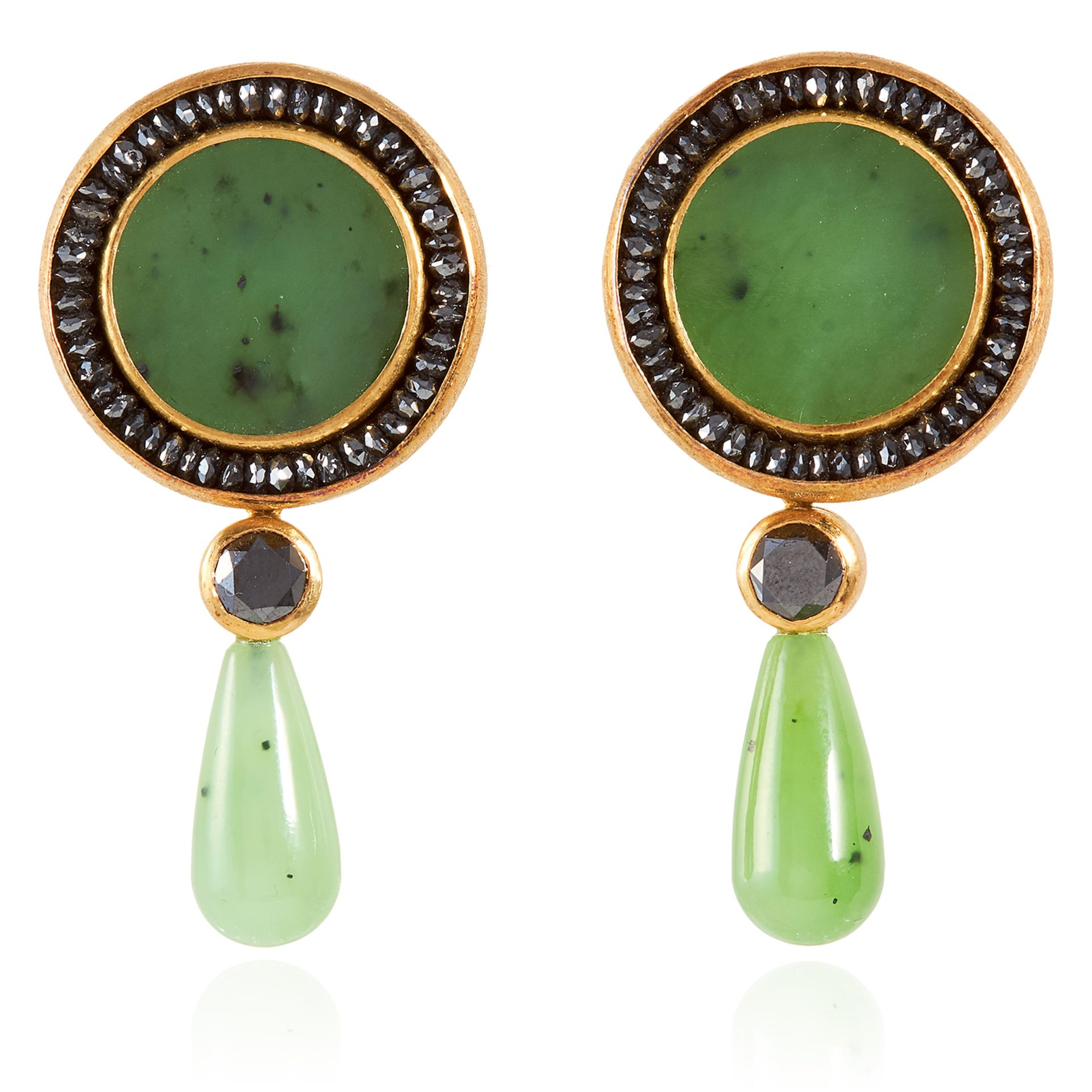 A PAIR OF NEPHRITE JADE AND BLACK DIAMOND DAY AND NIGHT EARRINGS, ZOBEL 2011 in 18ct yellow gold,