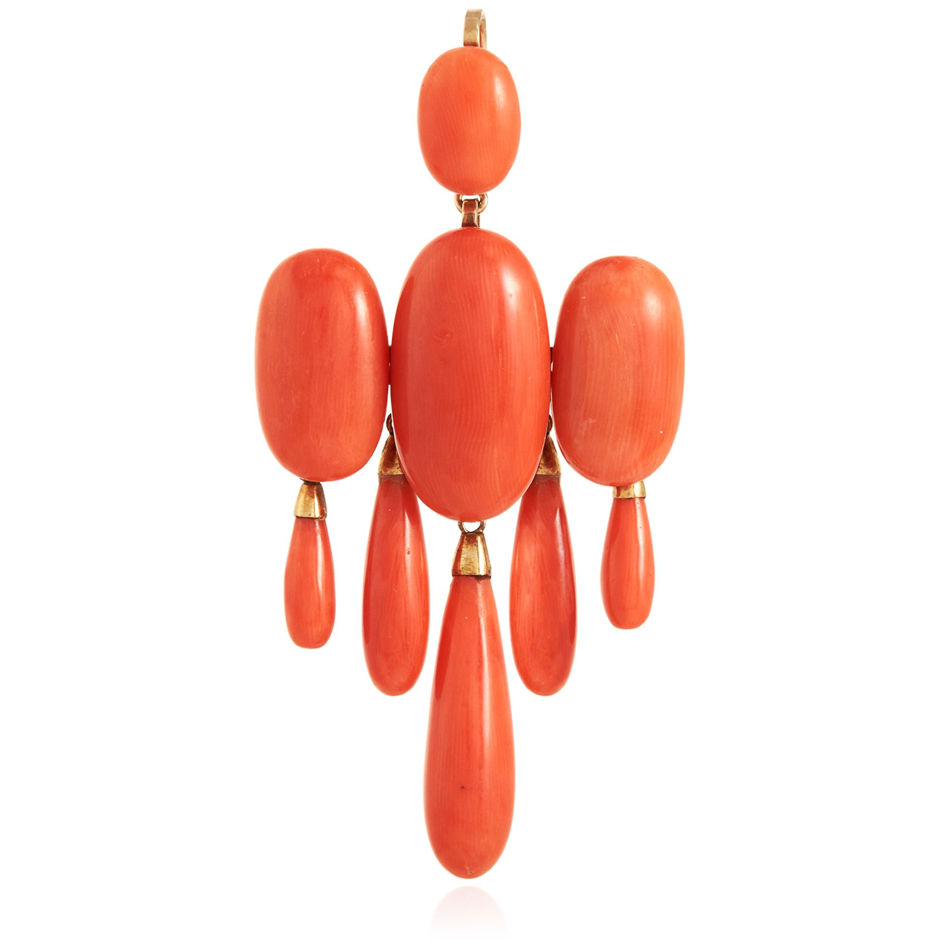 A CORAL BROOCH / PENDANT in yellow gold, comprising of four polished coral beads, suspending five