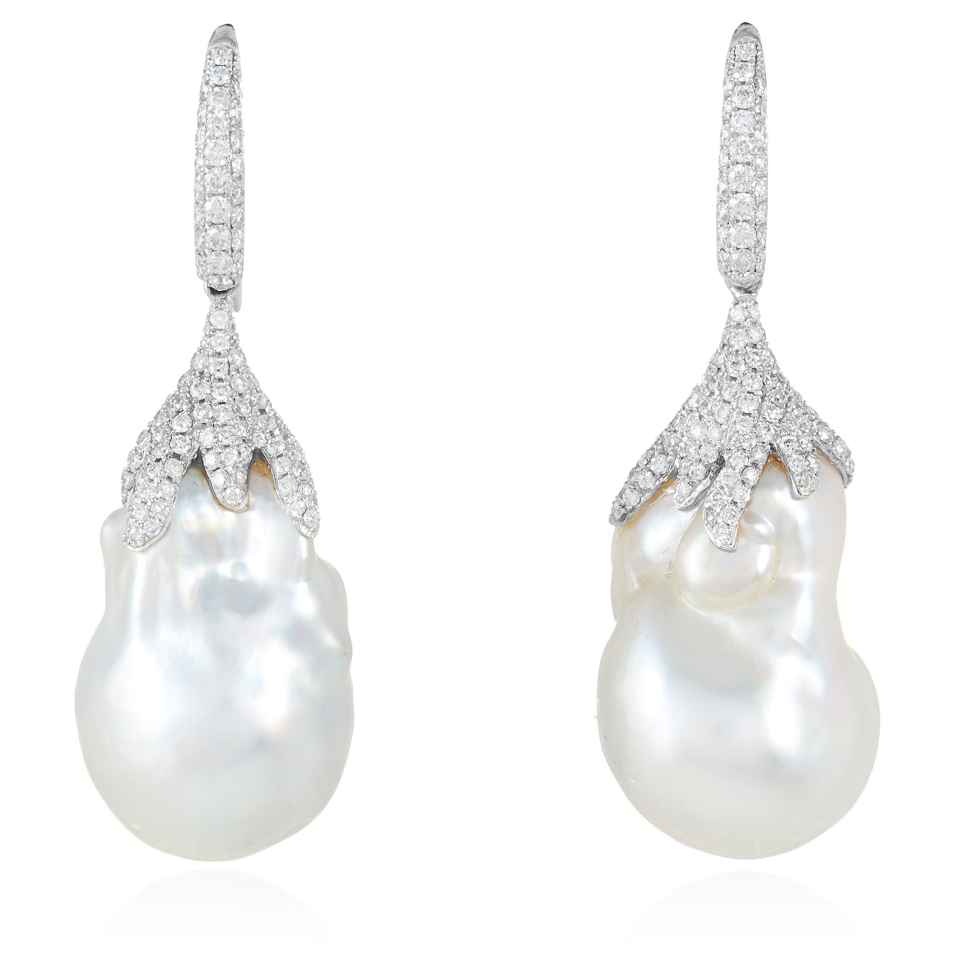 A PAIR OF BAROQUE PEARL AND DIAMOND EARRINGS in 18ct white gold, each set with a large baroque pearl